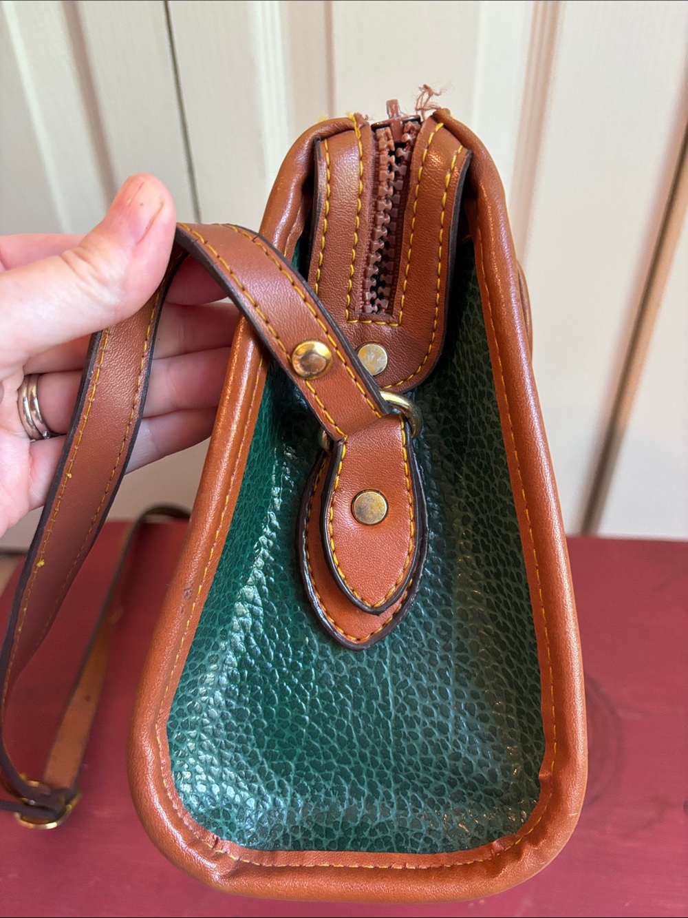 Dooney & Bourke Green and Tan Leather Satchel Shoulder crossbody Bag - Picture 9 of 15